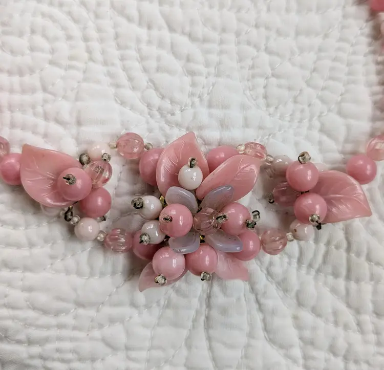 Vintage Pink Czech Glass Choker Necklace with Flower Blossom Design
