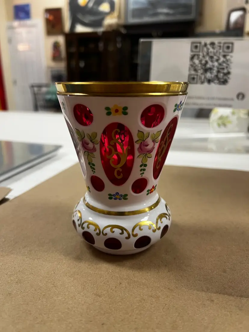 Antique Bohemian White Gold And Cranberry Colored Floral Vase