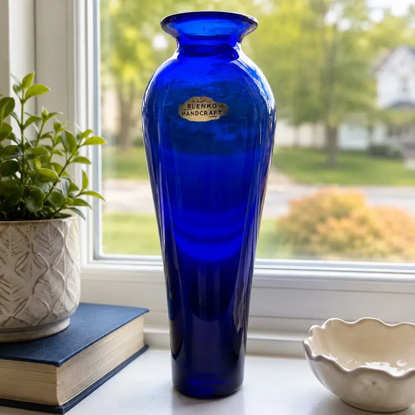 Vintage Blenko Handcraft Cobalt Blue Glass Vase 10” MCM