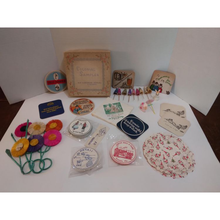 Vintage MCM Approx. 71 Piece Cocktail Umbrellas, Coasters, Napkins and Swizzels Barware In Box.