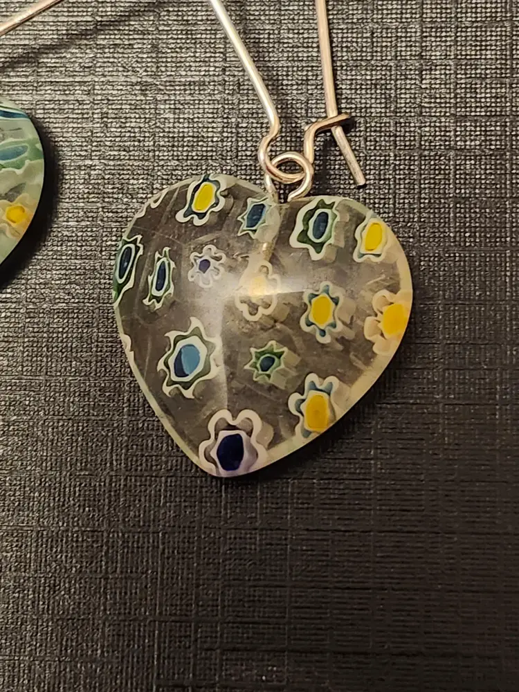 Yellow And Blue Millifiori Heart Earrings