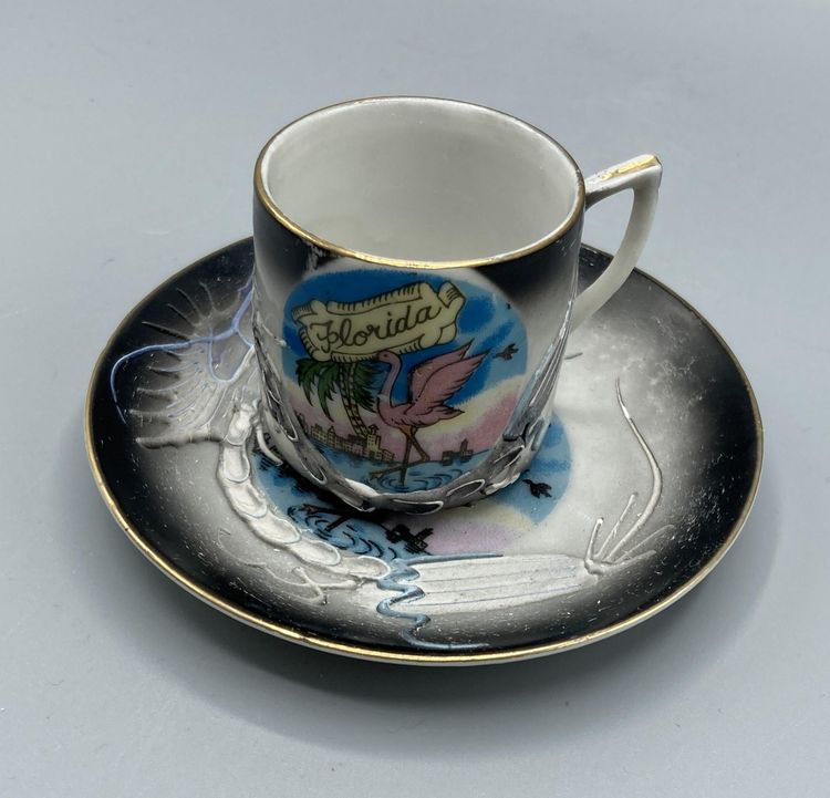 Vintage Florida Dragonware Mini Cup and Saucer Souvenir - 3D Dragon Flamingo Bird