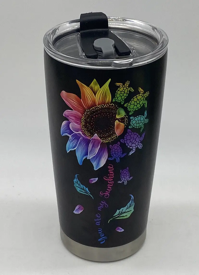 You Are My Sunshine Rainbow Flower Sea Turtle black 20 oz Hot Cold Tumbler