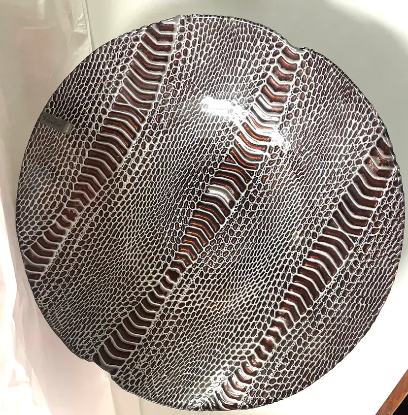 Verdici “snake Skin” Reversed Painted Glass Bowl Dish. Brown And Silver. Silver Color Textured Back