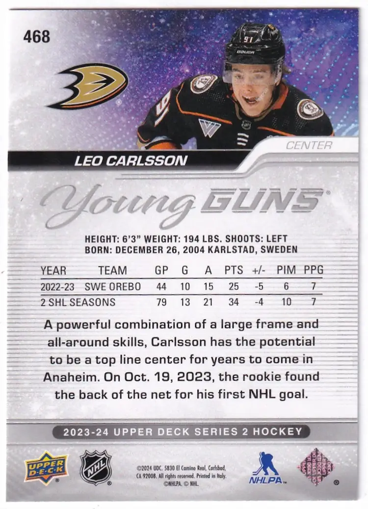 2023-24 Upper Deck #468 Leo Carlsson YG RC Anaheim Ducks Hockey Card