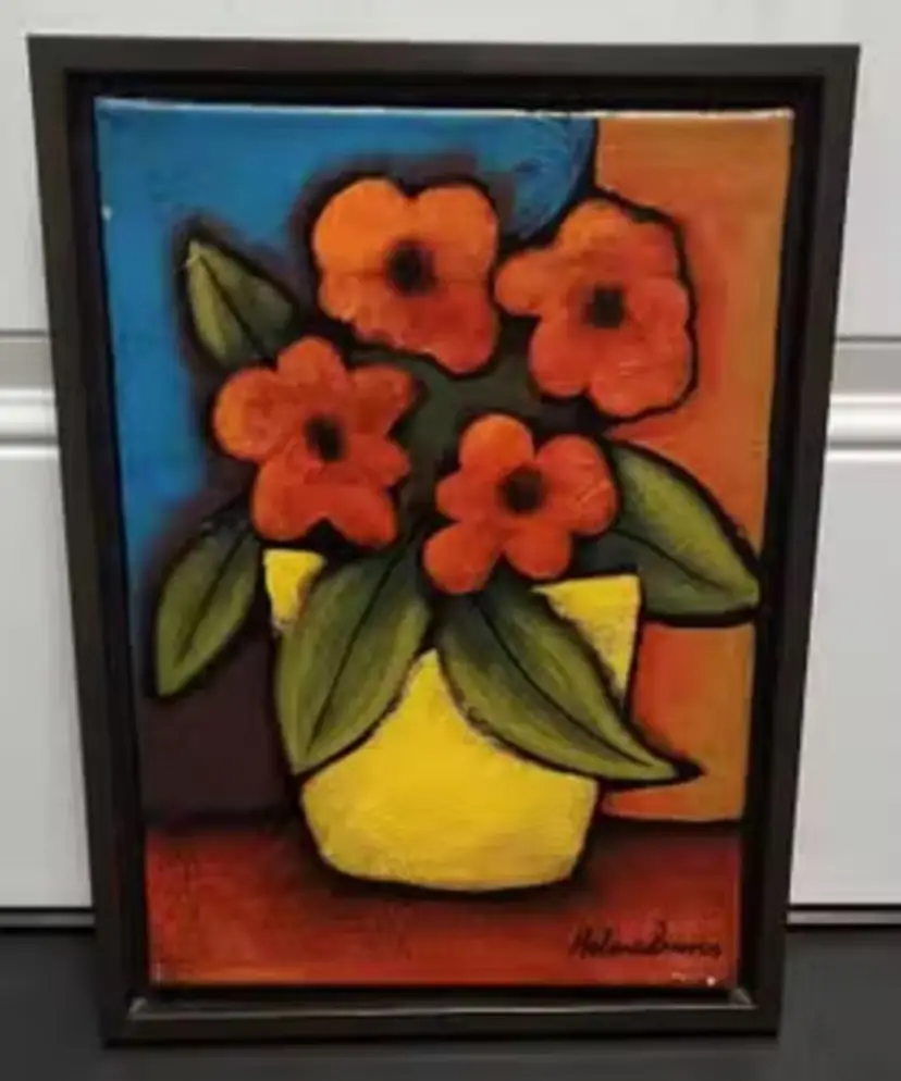 Helena Barros Original Oil on Canvas Flowers in Vase, Framed