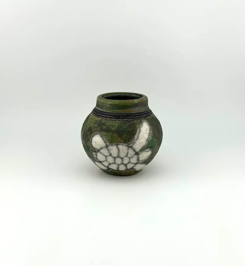 Made in Maui Raku Studio Pottery Pot With Turtle 3”x 3”