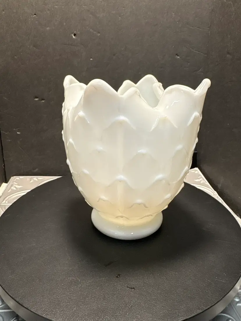 Vintage Imperial Glass Anchor Hocking Milk Glass Ruffle Crimped Quilted Pattern Rose Bowl