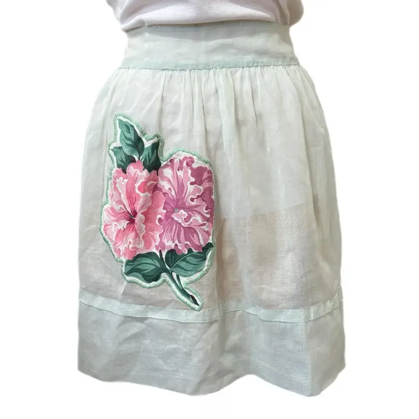 Floral Organza Hostess Half Apron Green Handmade Vtg Mid Century Applique