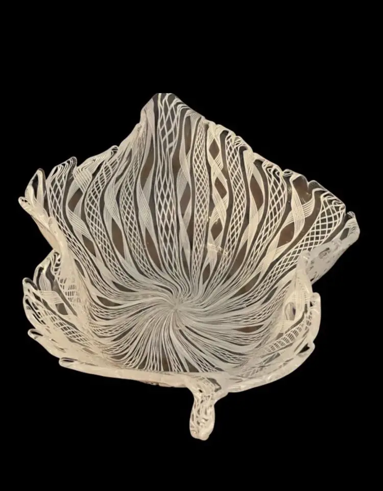 Vintage Murano Zanfirico Latticino White & Clear Leaf Dish. 7x5