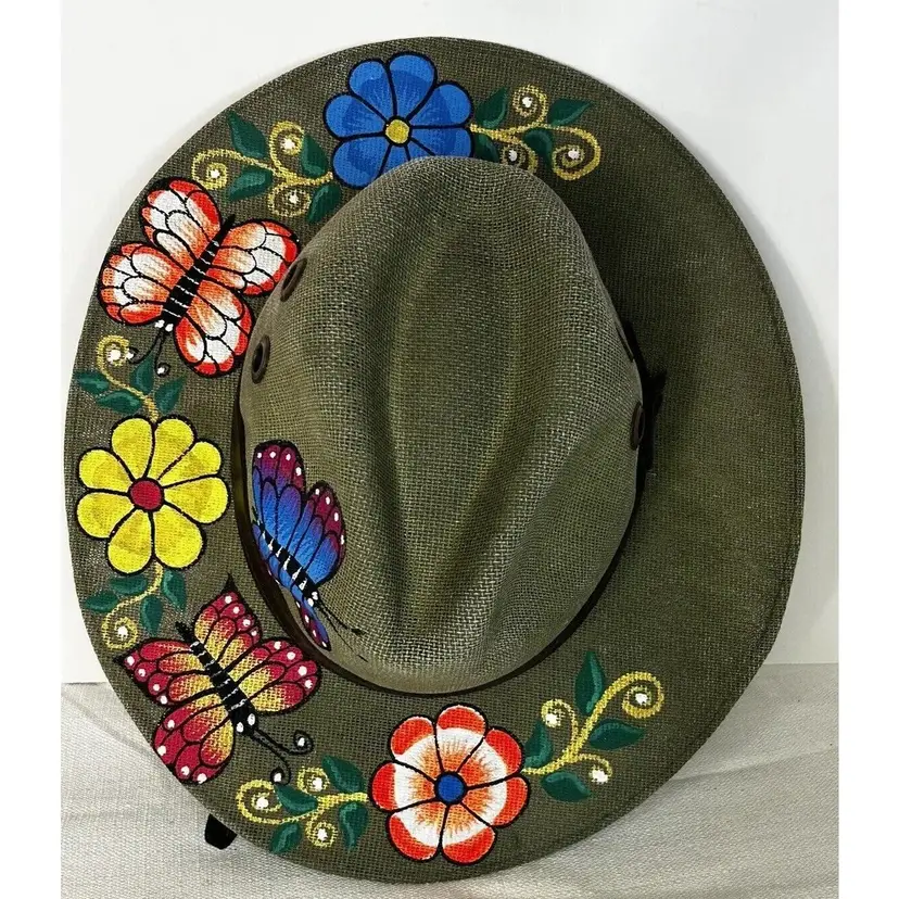 Artisanal Floral & Butterfly Hand Painted Hat ~ Mexico