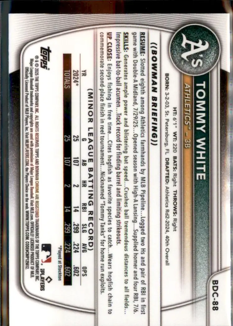 2025 Bowman Draft #BDC-88 Tommy White Chrome - (138) - Athletics