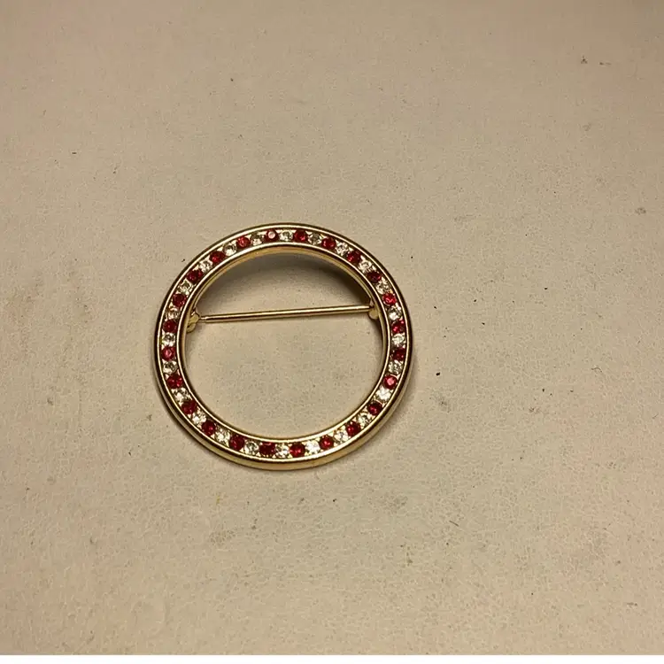 Red & Clear Rhinestones On Goldtone Circle Brooch 1” - Signed M