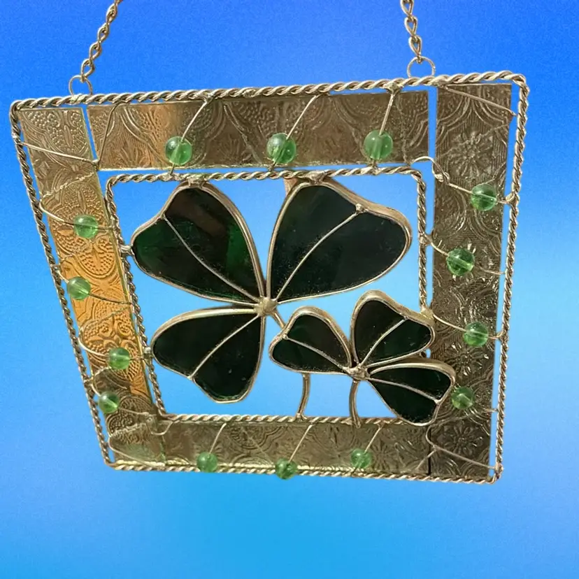 Three Leaf Clover Stained Glass And Beads 6” Frame