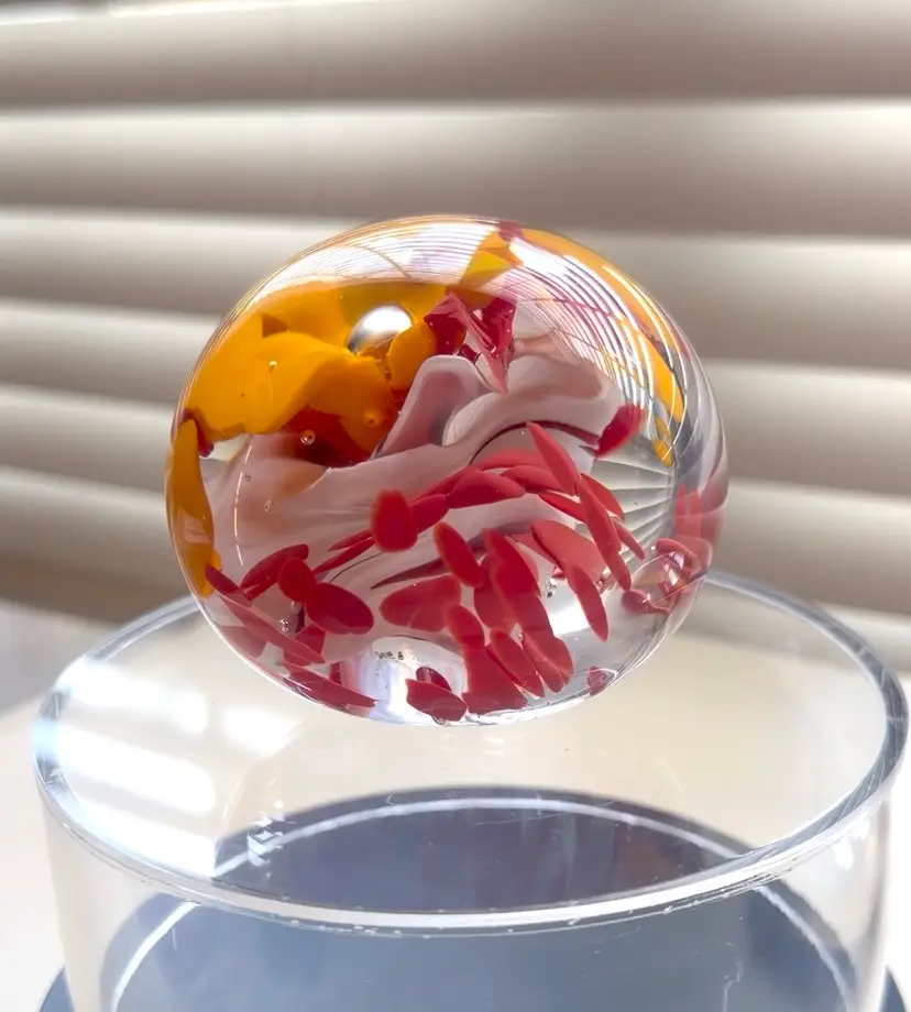 Stunning Yellow & Red Floral Swirl Art Glass Paperweight, 3”x3”