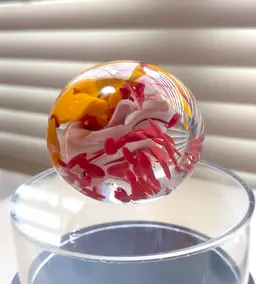 Stunning Yellow & Red Floral Swirl Art Glass Paperweight, 3”x3”