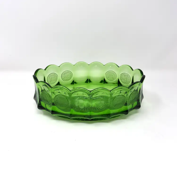 Emerald Green Coin Glass Oval Bowl – Fostoria Style Pressed Glass Dish – Vintage 1960s Serveware (0318-25)
