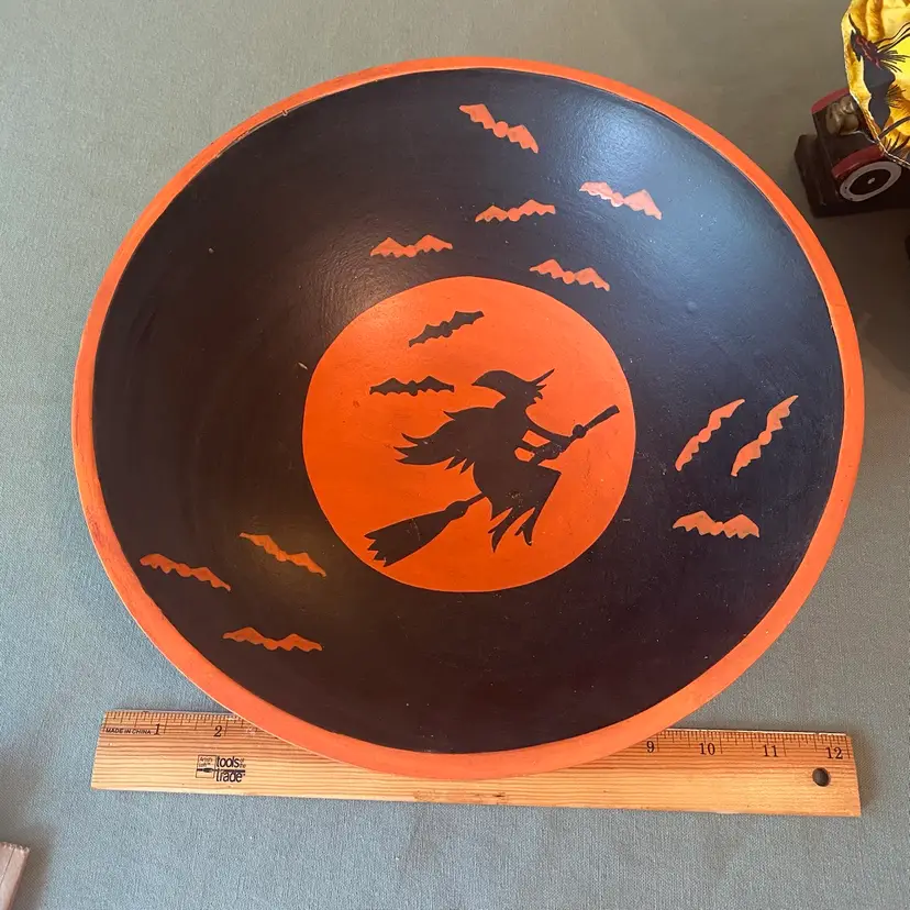 Vintage Lindt Wood Halloween Bowl with Witches And Bats - Extremely Rare!