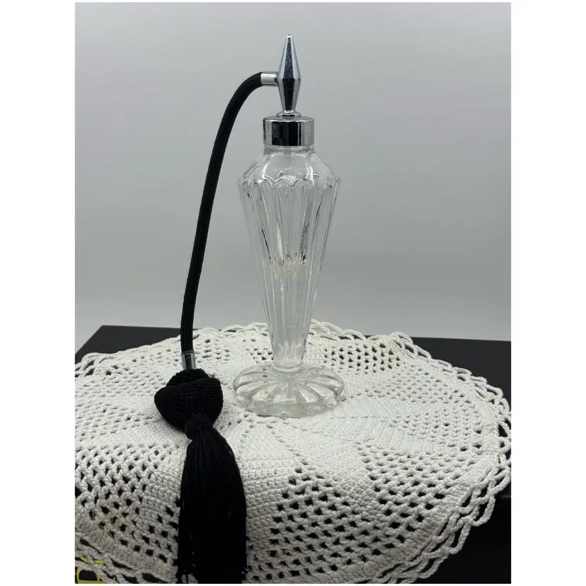 Vintage fluted glass perfume atomizer with chrome accents and black bulb, Bulb Is Not Operational, Great Glower