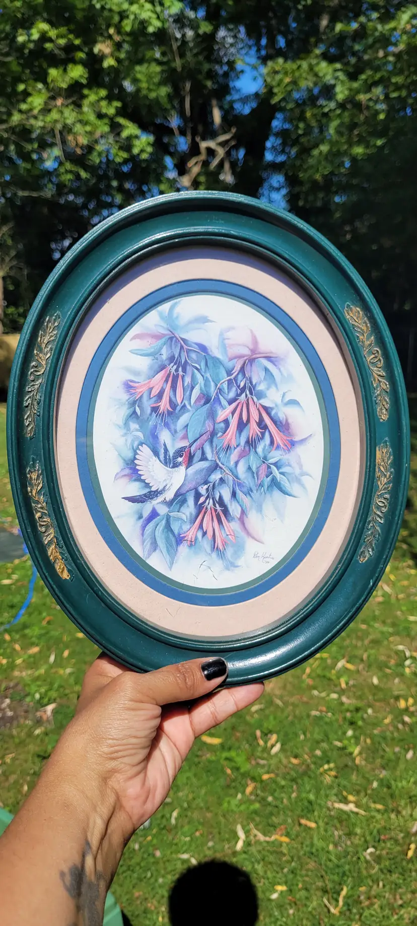 Vintage Homco Oval Green Framed Humingbird and Fuschia Flower 11"  x 8  1/2