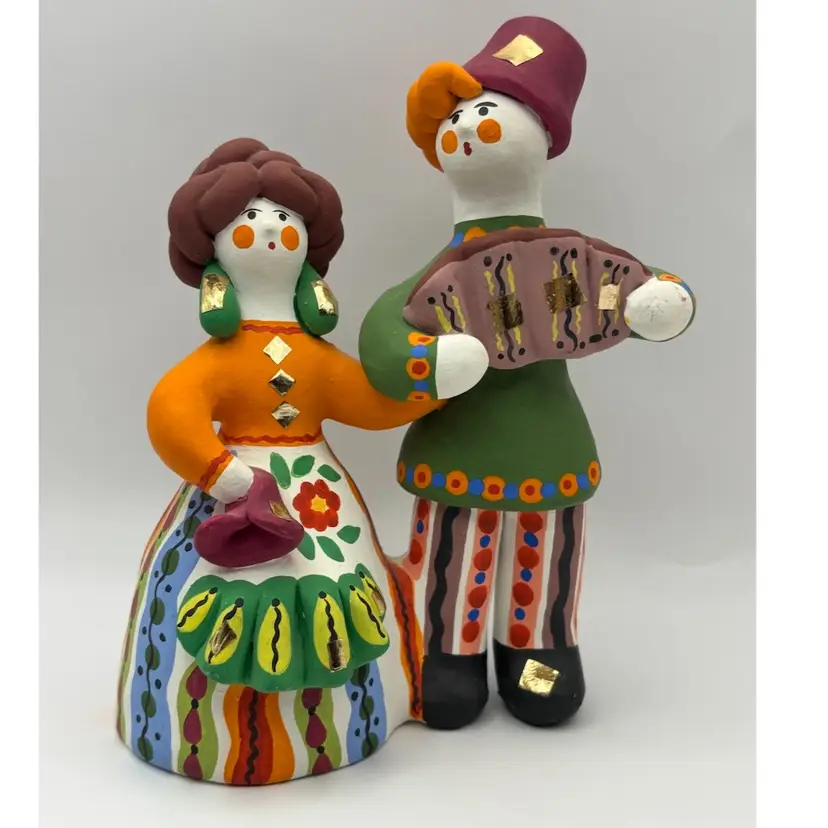 Colorful Dymkovo Folk Art Pottery Clay Russian Couple 