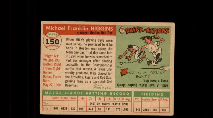1955 Topps #150 Mike Higgins - (pk-tl1) - Boston Red Sox