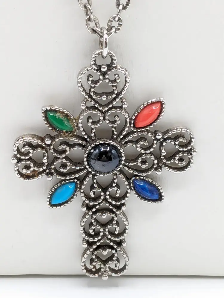 Vintage Avon Filigree Cross Necklace Colored Stones Silver Tone