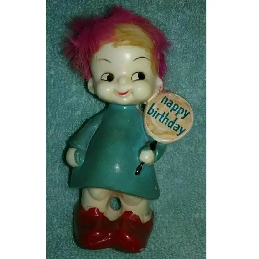 1970's Its the Berries Happy Birthday Pink Fur Hair Kitsch Weirdo Figurine