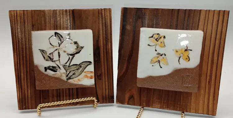 Vintage Japanese Pottery Tile Art on Wood Panels, Wall Plaque Set Of 2. Signed 38