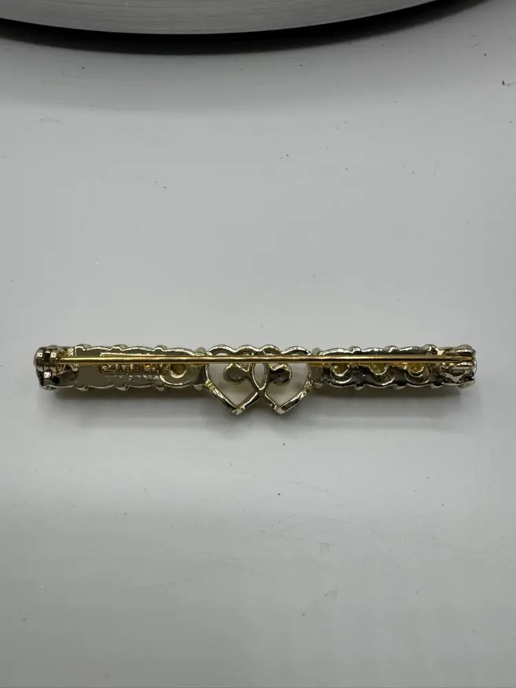Vintage Sarah Coventry "Waltz Time" Gold Tone Faux Pearl & Rhinestone Bar Brooch