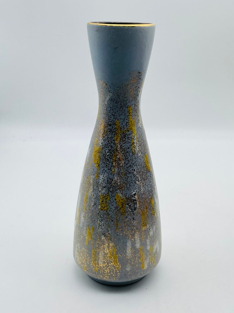 West Germany Pottery Bud Vase Matte Blue With Gold