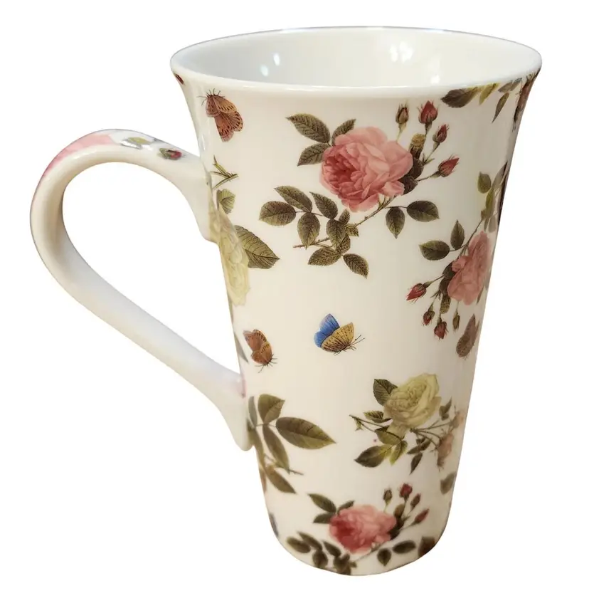 Kent Pottery Floral Butterfly Garden Porcelain Mug Tall 16 Oz Pink Green Microwave Dishwasher Safe