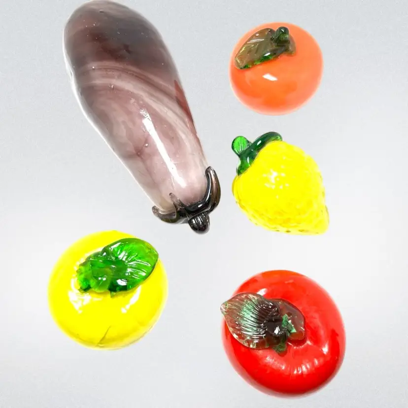 Vintage Art Glass Fruit. Perhaps A Red Tomato, Yellow Apple, Orange Persimmon, Yellow Strawberry Or Lemon, Purple Eggplant? *READ Condition Issues. Great For Display Or Paperweights.