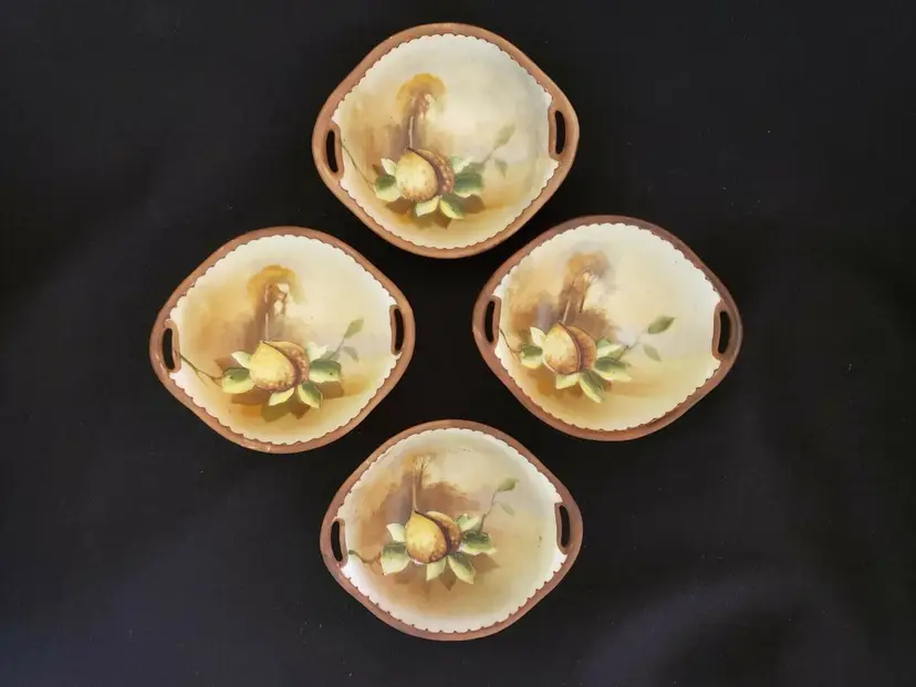 NIPPON Open Salt Dips / Salt Cellars 4 w/ Hand Painted Fruit or Nut & Landscape