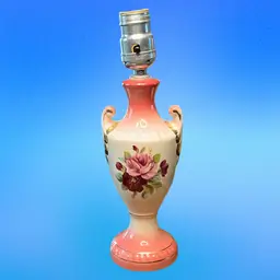 18. Decorated 12" Porcelain Lamp Maroon Pink Roses Gold Trim Leviton No Shade-Works!