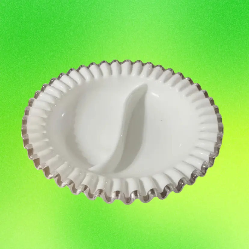 Fenton Milk Glass Silver Crest 9" Two Compartment Divided Relish Dish