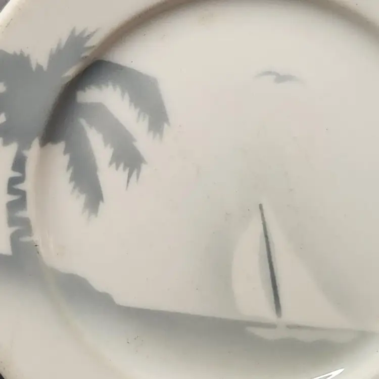 Syracuse China 1940's 50's Pale Blue Palm Tree Sailboat Beach Island Plate