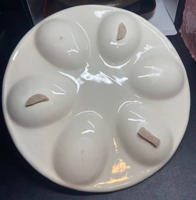 Deviled Egg Platter w/ Turquoise Chicken at Center, 6 Egg Indentations, 9.5" Diameter