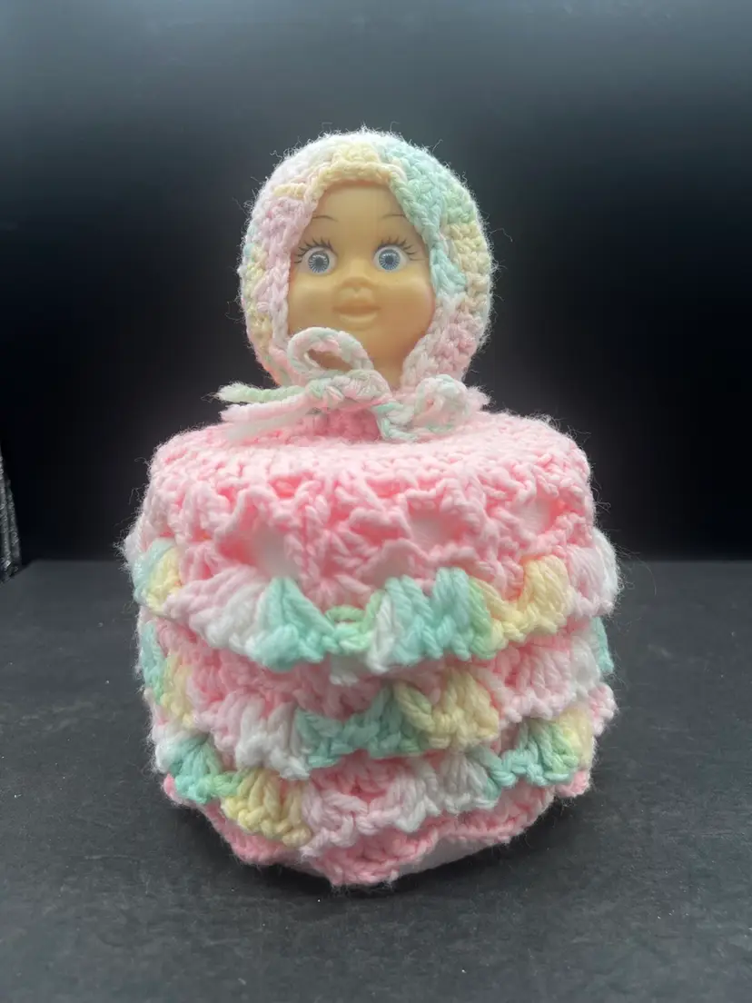 #466B Vintage Kitschy Spare Roll Crochet Doll. Hand Made In Pretty Pastel Colors