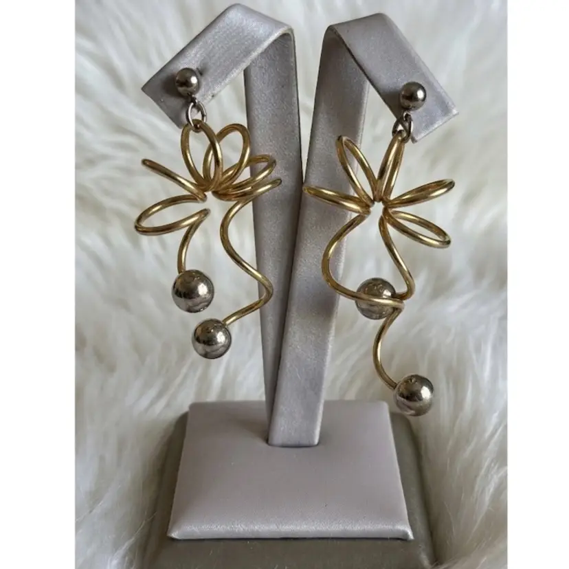 Abstract Artistic Dangle Earrings Gold Tone Silver Ball Accents