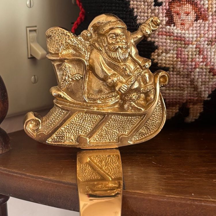 Vintage Solid Brass Santa in Sleigh Christmas Stocking Holder