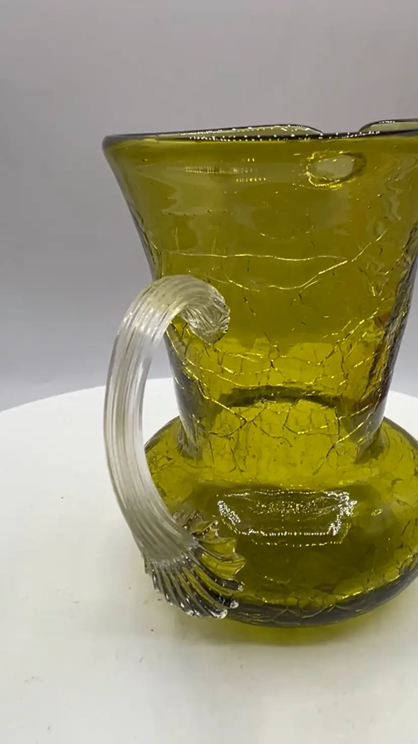 VTG Olive Green Crackle Glass Mini Pitcher