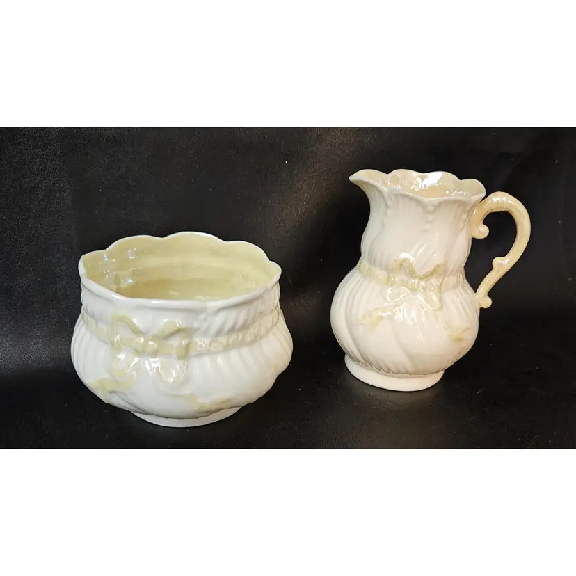 Vintage Belleek Open Sugar & Creamer Yellow Ribbon And Bows