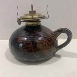 Oil Lamp Brown Stoneware bottom only w/handle great glaze  6" round  x  6"
