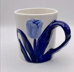 Vintage, Delft Blue, Blue/White, Hand Painted Ceramic Mug, 3D Tulip, Leaf Handle