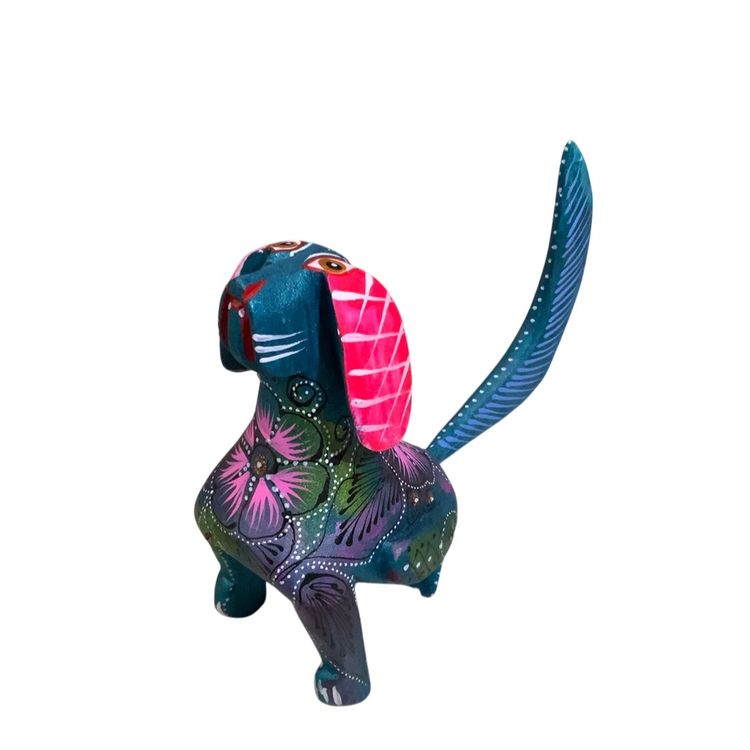 Colorful Hand Carved Wooden Alebrije Elephant Puppy Guardian Hound Dog Figurine 4” By 4” Tall Featuring Dark Teal Blue Base Color Made By Me