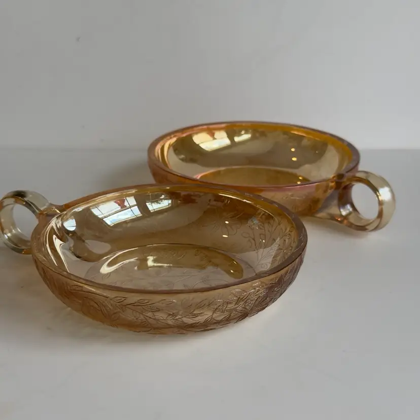 #1052 Set of 2, Jeannette Flora Gold Iridescent Nappy Dishes With Handles