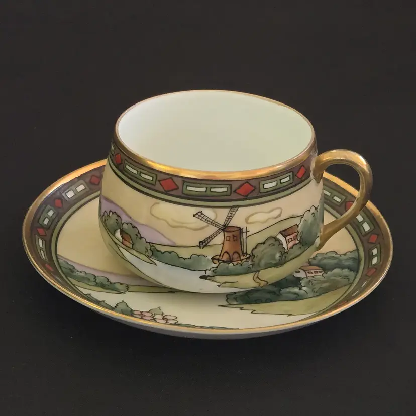 Tea Cup Saucer Porcelain Nippon Morimura Bros Art Deco Windmill made in Japan Vintage
