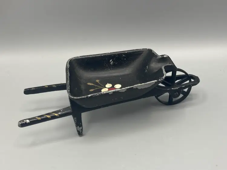 Vintage Cast Iron Miniature Hand Painted Wheelbarrow Ashtray - READ