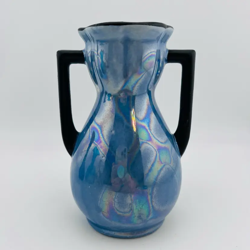 Made in Czechoslovakia Blue Lustre Double Handle Vase READ 5.25”